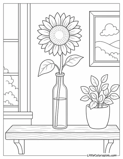 Single Sunflower in a Tall Thin Glass Bottle on a Wooden Shelf Coloring Page