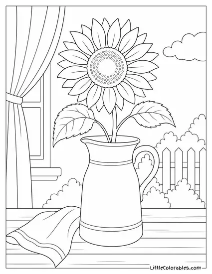 Single Sunflower in a Vintage Ceramic Milk Jug Coloring Page