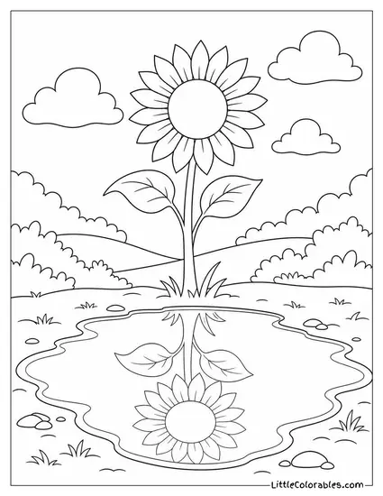 Single Sunflower Reflected in a Still Puddle Coloring Page
