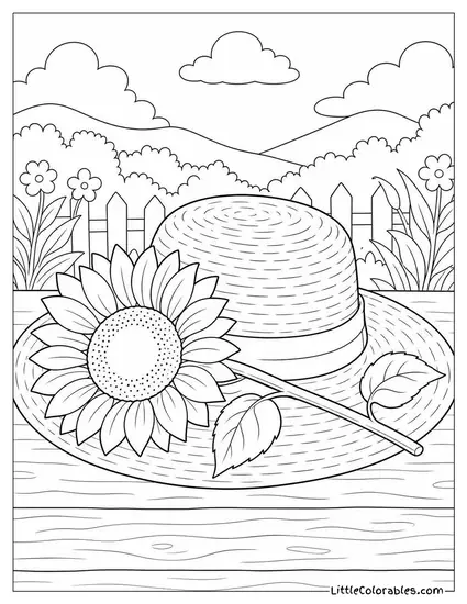 Single Sunflower Resting Across the Brim of a Straw Hat Coloring Page