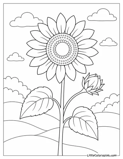 Single Sunflower Stem with Two Leaves and a Bud Coloring Page