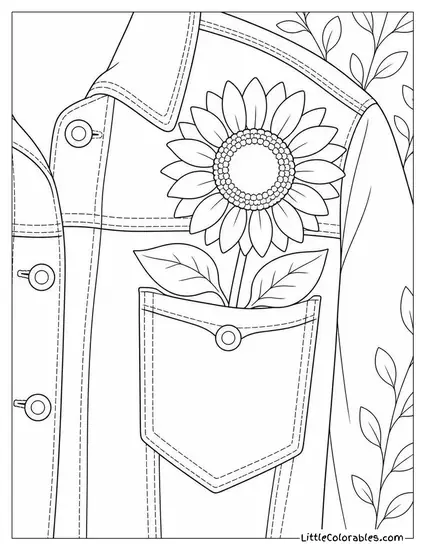 Single Sunflower Tucked into a Worn Denim Jacket Pocket Coloring Page
