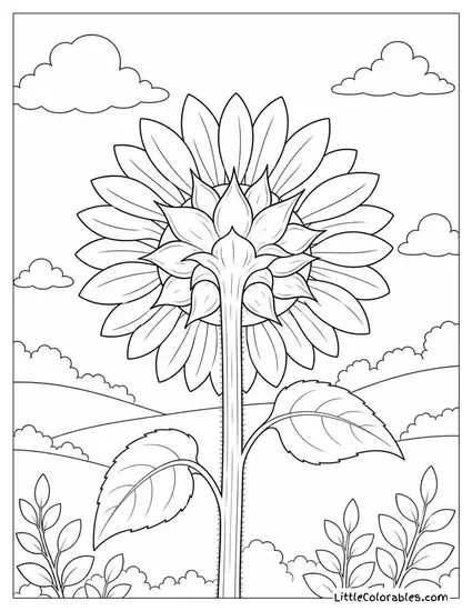 Single Sunflower Viewed from Directly Behind Showing the Stem and Sepal Coloring Page