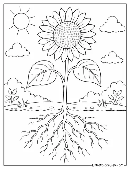 Single Sunflower with Roots Fully Exposed on a Flat Surface Coloring Page
