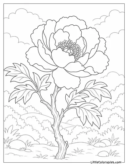 Single Tree Peony on a Woody Stem with Large Open Bloom Coloring Page