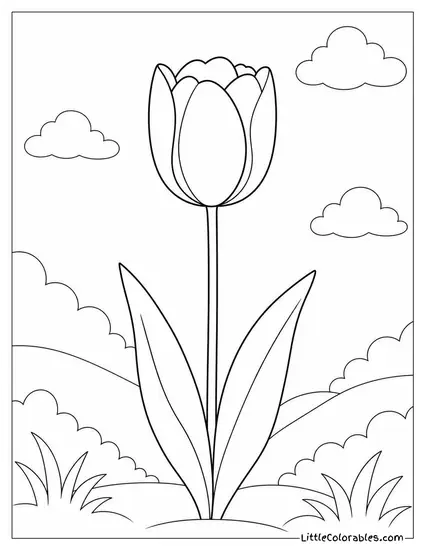 Single Tulip Bloom Perfectly Upright on a Long Stem Coloring Page