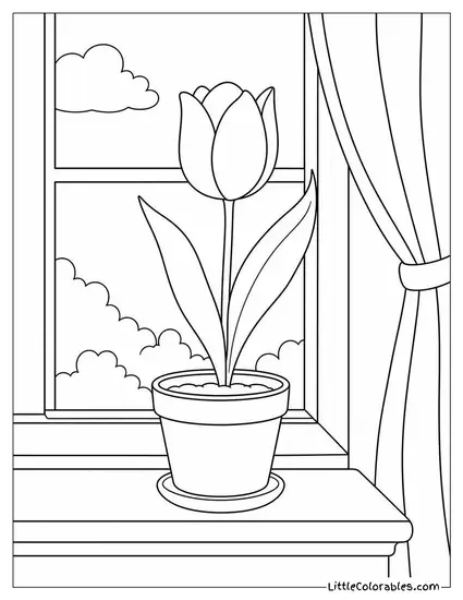 Single Tulip in a Small Terracotta Pot on a Windowsill Coloring Page