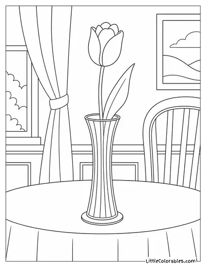 Single Tulip in a Tall Fluted Glass on a Dining Table Coloring Page