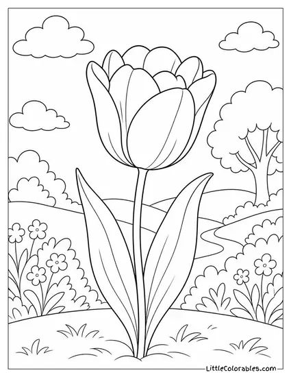 Single Tulip in Full Bloom at the Peak of Spring Coloring Page