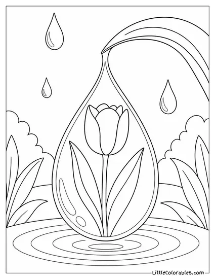 Single Tulip Reflected in a Teardrop of Water Coloring Page