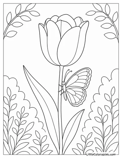 Single Tulip Stem with a Butterfly Perched Below the Bloom Coloring Page