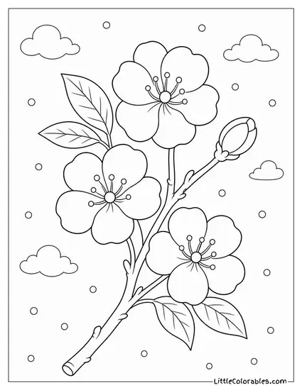 Single Twig with Three Blossoms and One Tight Bud Coloring Page