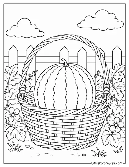 Single Watermelon Resting Inside a Large Wicker Basket With Leaves Coloring Page
