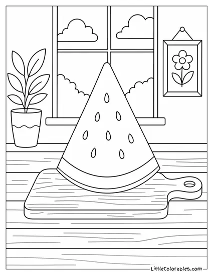 Single Watermelon Slice Balanced Upright on a Tiny Wooden Cube Coloring Page