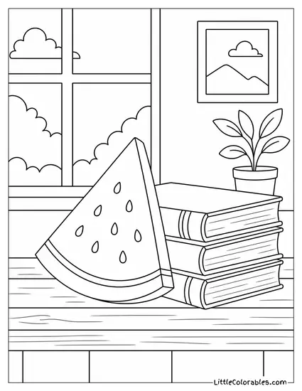 Single Watermelon Slice Leaning Against a Short Stack of Hardcover Books Coloring Page