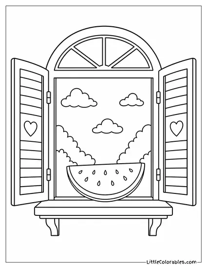 Single Watermelon Wedge Placed Inside a Simple Window Frame Coloring Page