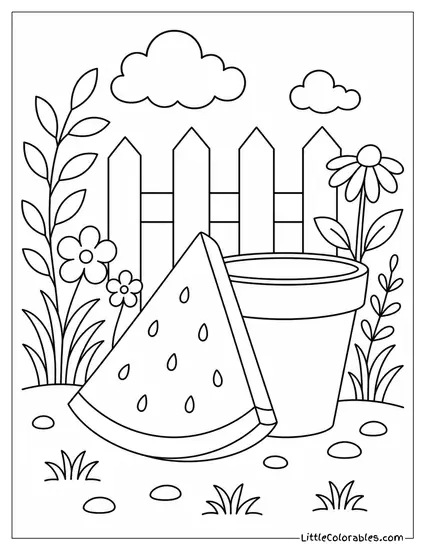 Single Watermelon Wedge Propped Against a Small Terracotta Flower Pot Coloring Page