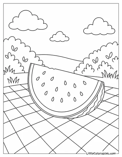 Single Watermelon Wedge Resting on a Simple Checkered Picnic Blanket Coloring Page