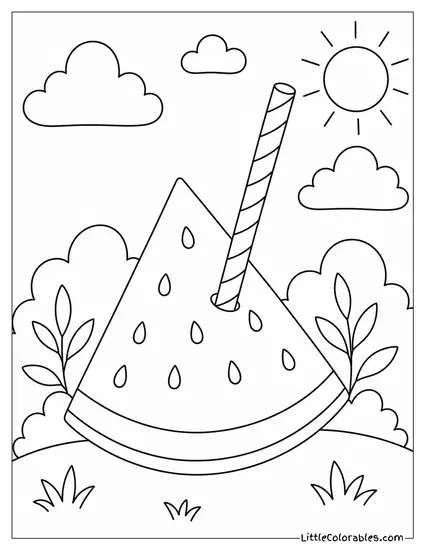 Single Watermelon Wedge With a Striped Paper Straw Poking Out Coloring Page