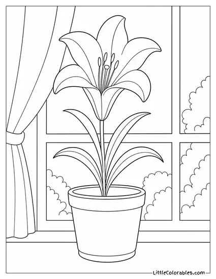 Single White Easter Lily in a Plain Ceramic Pot Coloring Page