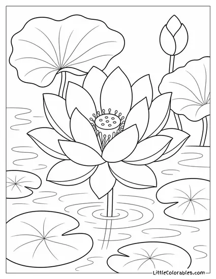 Single White Lotus Bloom Glowing Against a Dark Green Pond Coloring Page