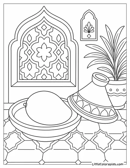 Single Whole Mango Resting Inside a Plain Clay Tagine Pot With Lid Coloring Page