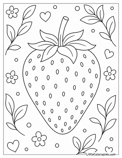 Single Whole Strawberry Showing a Short Green Leafy Stem Coloring Page