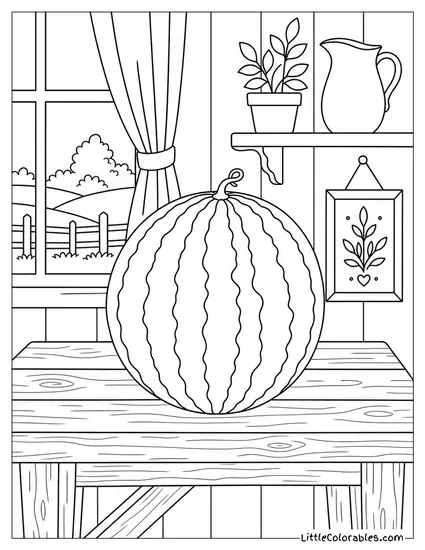 Single Whole Watermelon Resting on a Rustic Wooden Farmhouse Table Coloring Page