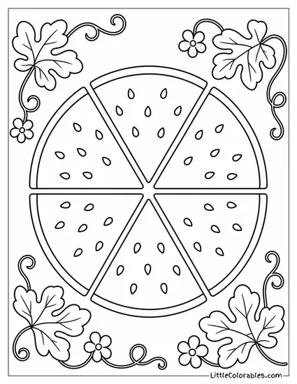 Six Watermelon Triangles Arranged Into a Full Circle Like a Pizza Coloring Page