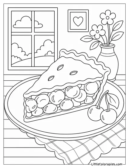 Slice of Cherry Pie Sitting on a White Plate Coloring Page