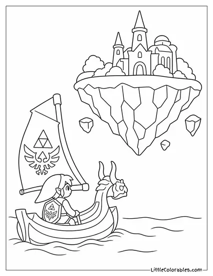 Small Boat Drifting Near a Mysterious Floating Island Coloring Page