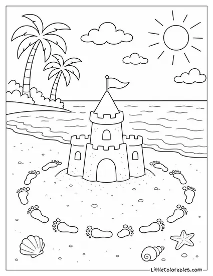 Small Footprints Circling a Single Sandcastle on the Shore Coloring Page