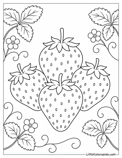 Small Pile of Four Strawberries With Their Green Tops Pointing Coloring Page