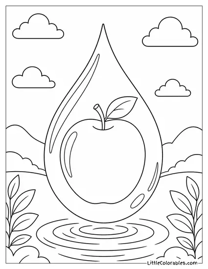 Smooth Round Apple Floating Inside a Water Droplet Coloring Page