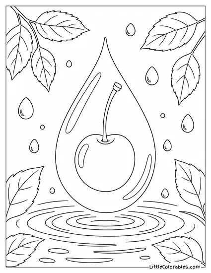 Smooth Round Cherry Floating Inside a Water Droplet Coloring Page