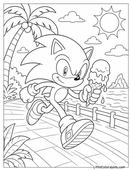 Sonic the Hedgehog Running With a Melting Cone in His Hand Coloring Page
