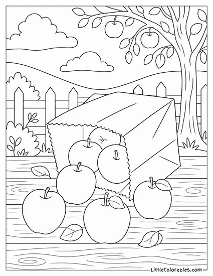 Spilled Paper Bag Showing Apples Rolling Out Coloring Page