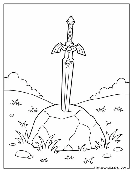 Sword Piercing a Stone in the Middle of a Quiet Meadow Zelda Coloring Page