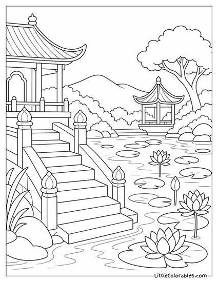 Temple Lotus Pond with Stone Steps Leading to the Water Coloring Page