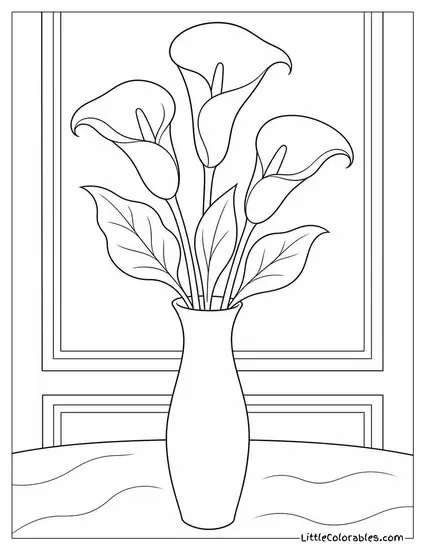 Three Calla Lilies in a Tall Narrow Black Vase Coloring Page