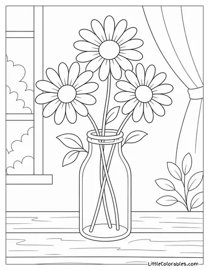 Three Daisies in a Small Glass Milk Bottle Coloring Page