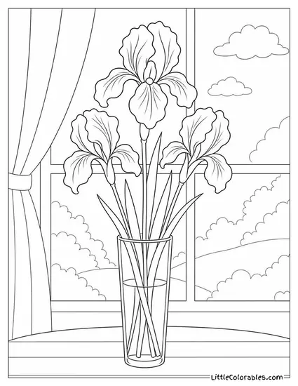 Three Iris Blooms in a Tall Narrow Glass Vase Coloring Page