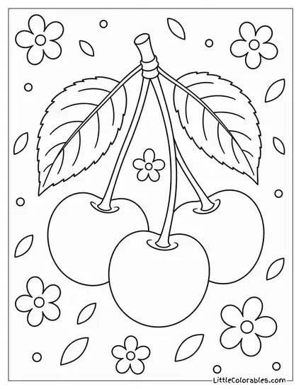 Three Juicy Cherries Clustered Together With Leaves Coloring Page
