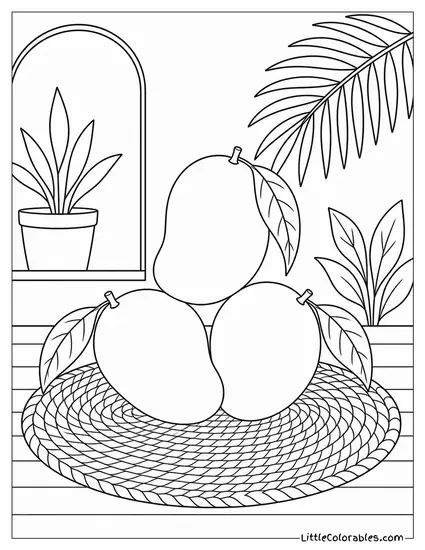 Three Mangoes Arranged in a Pyramid on a Round Jute Place Mat Coloring Page