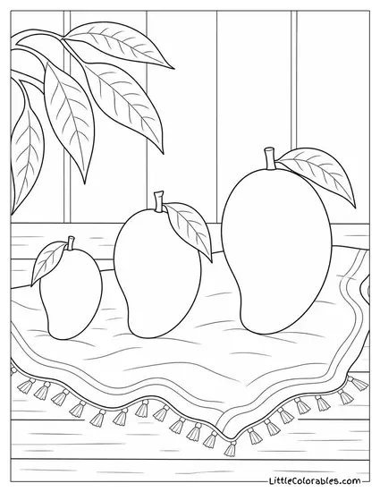 Three Mangoes Arranged Smallest to Largest on a Linen Cloth Coloring Page