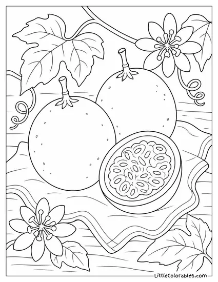 Three Passion Fruits Two Whole One Halved on a Cloth Coloring Page