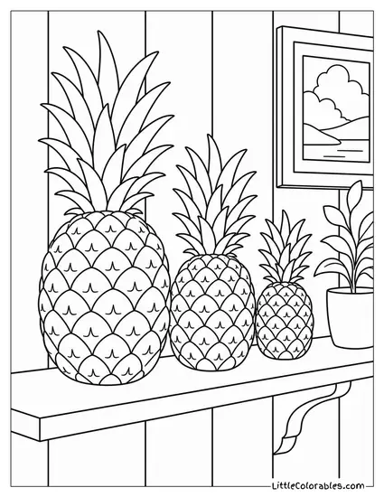 Three Pineapples of Decreasing Size Arranged in a Diagonal Line Coloring Page