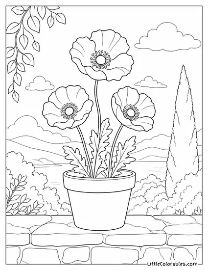 Three Poppies in a Simple Clay Pot on a Stone Ledge Coloring Page