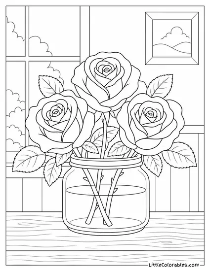 Three Roses in a Short Wide Mason Jar Coloring Page