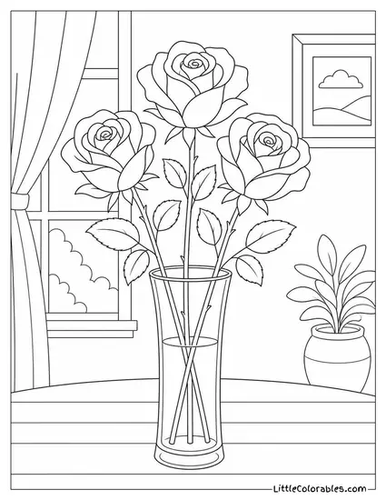 Three Roses in a Tall Clear Glass Vase Coloring Page